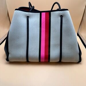 Haute Shore Greyson Neoprene Tote Bag Gray Pink Stripe Shoulder Handbag Large